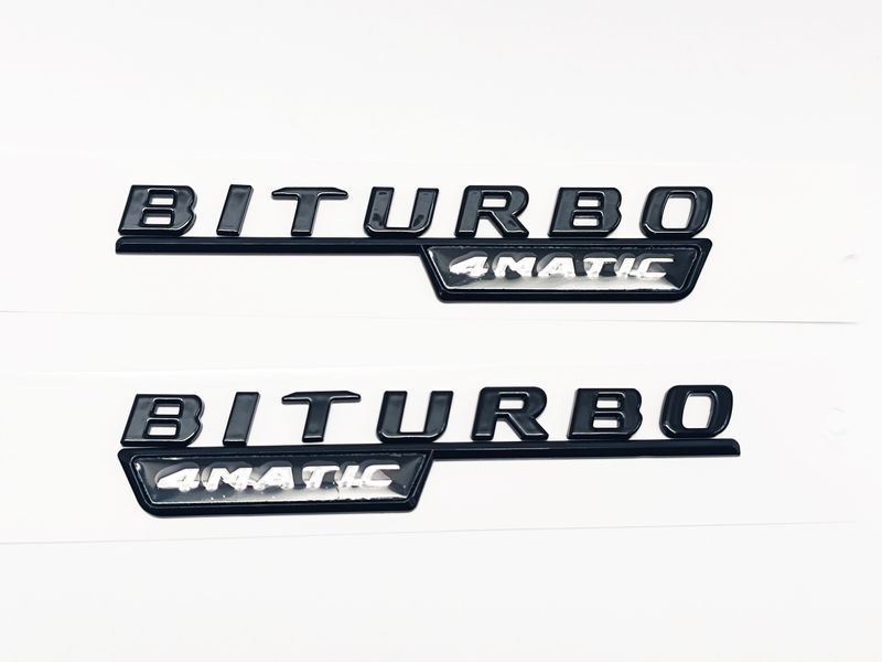 Автологотип емблема напис Mercedes Biturbo 4matic black x2 штуки комплект на крила 407927 фото