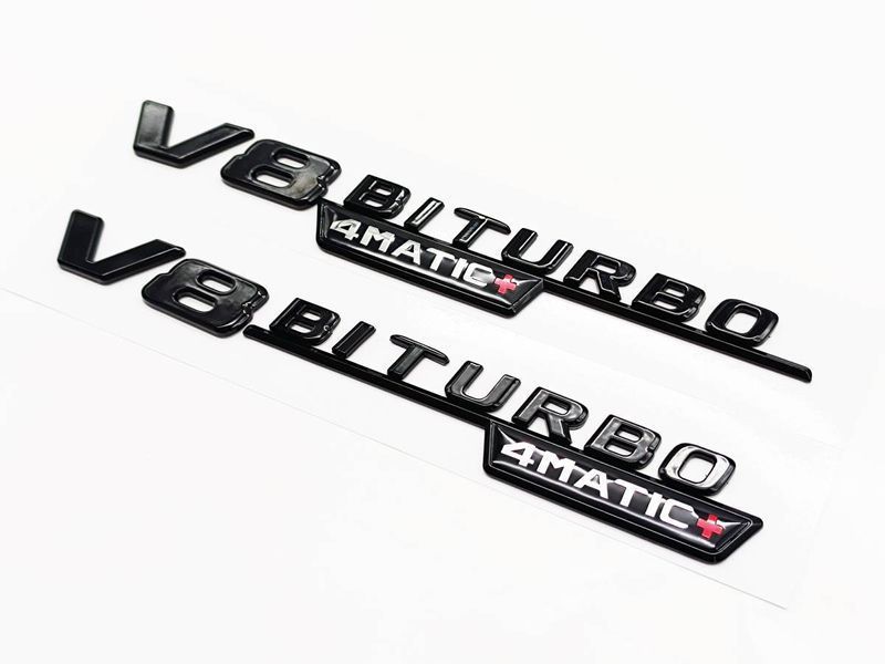 Автологотип емблема напис Mercedes V8 Biturbo 4matic+ black 2штуки чорний глянець 407928 фото