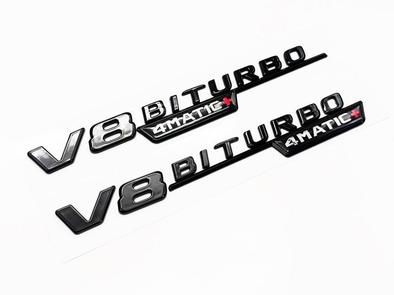 Автологотип емблема напис Mercedes V8 Biturbo 4matic+ black 2штуки чорний глянець 407928 фото