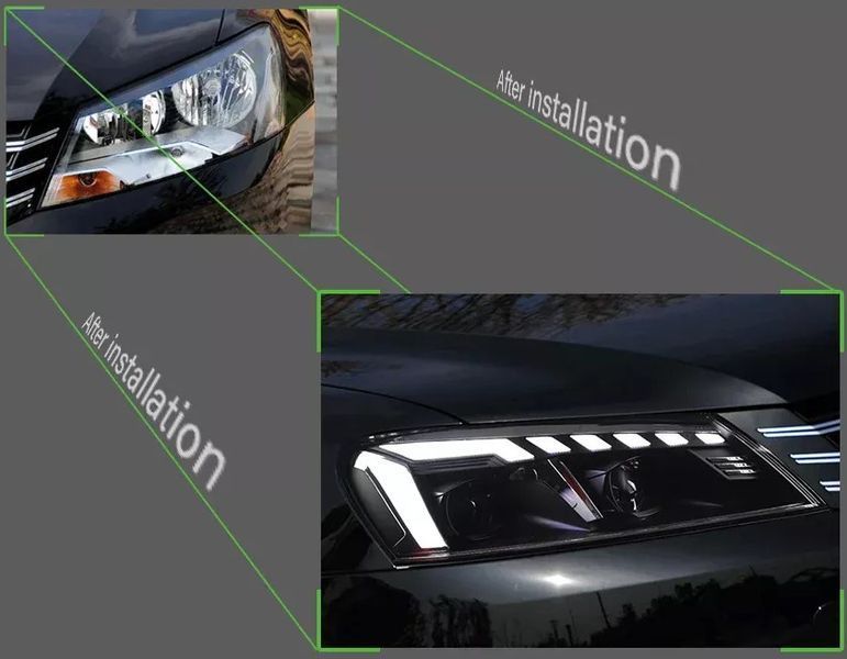 Передние фары на Volkswagen Passat B7 USA 2011-2015 FULL LED стиль A4 вместо штатных галогеновых фар 430495 фото