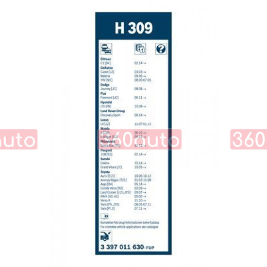 Задний дворник для Peugeot 108 2014- | Щетка стеклоочистителя Bosch Rear H 309 300 мм