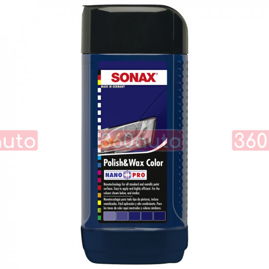 Кольоровий поліроль з воском Sonax Polish+Wax Color NanoPro синій 250 мл 296241