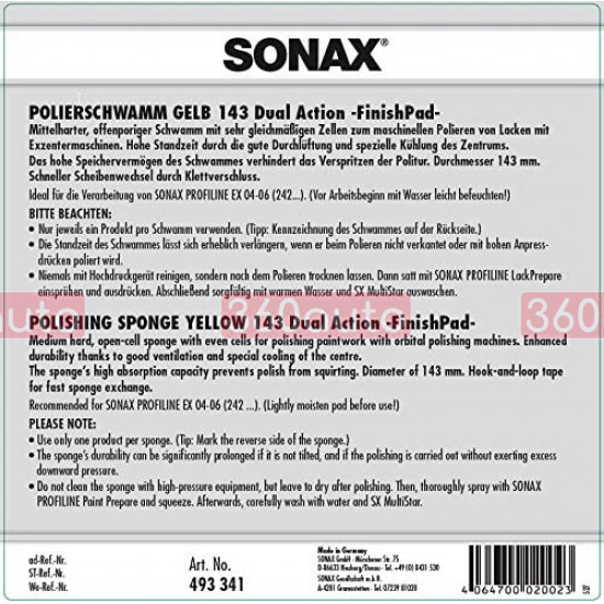 Полірувальний круг Sonax Dual Action FinishPad 143 мм 493341 середньої жорсткості жовтий