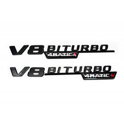 Автологотип емблема напис Mercedes V8 Biturbo 4matic+ black 2штуки чорний глянець
