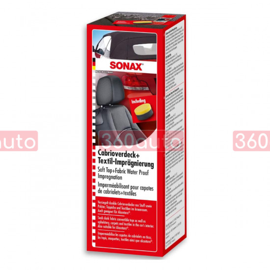 Комплект из средства для защиты крыш кабриолетов из ткани 250 мл и аппликатора SONAX Soft Top + Fabric Water Proof Impregnation (310141)