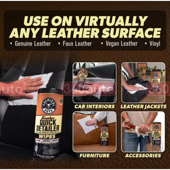 фетки Chemical Guys Leather Cleaner Car Cleaning Wipes for Leather в тубусі 30штук