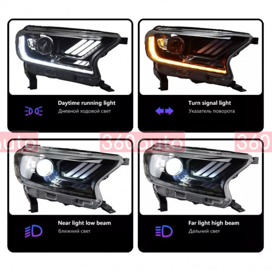Передние фары на Ford Ranger 2016-2021 FULL LED стиль Mustang