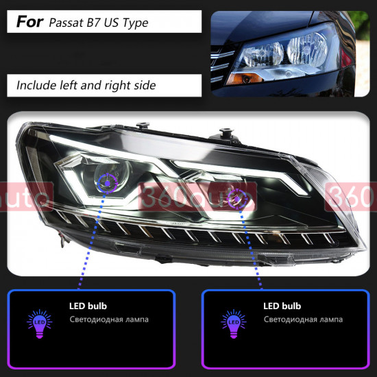 Передние фары на Volkswagen Passat B7 USA 2011-2015 FULL LED вместо штатных галогеновых фар
